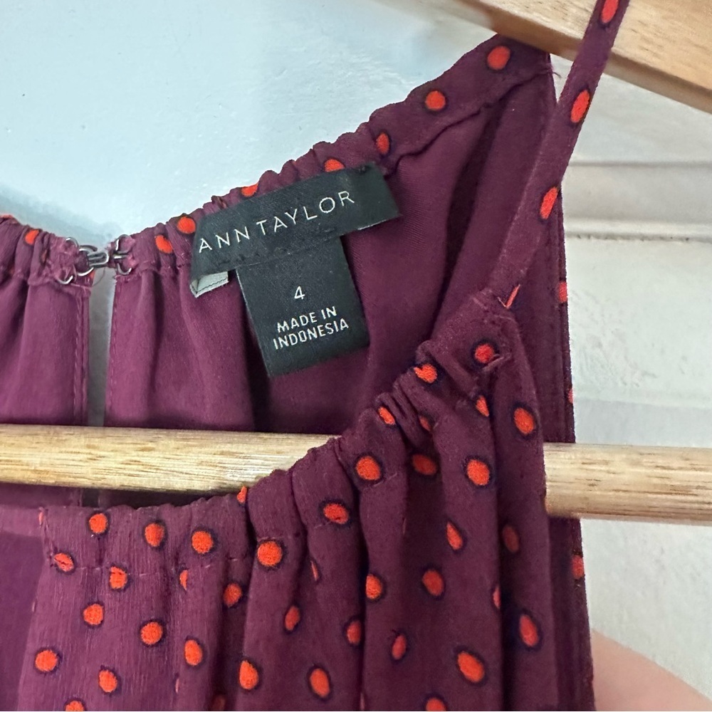 Ann Taylor Maroon Pleated Tiered Midi Dress Halter Polka Dot Career Holiday 4 S - Picture 7 of 9